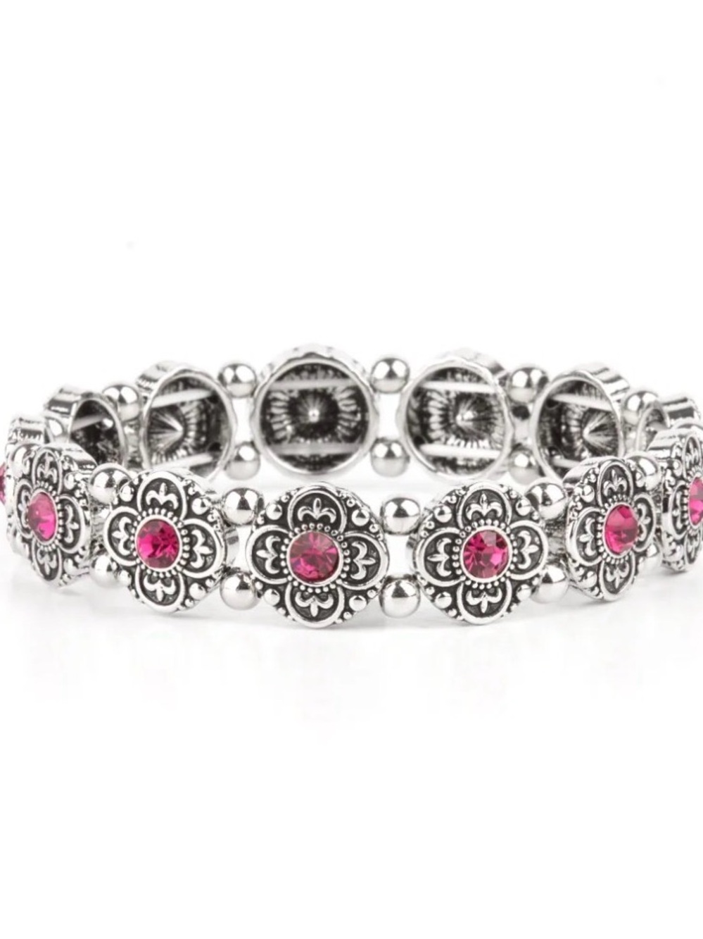 paparazzi Silver Floral Stretch Bracelet with Pink Accents